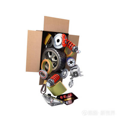 現(xiàn)代汽車維修理念汽車用品送貨車配件打開盒3d 渲染在白色無(wú)陰影